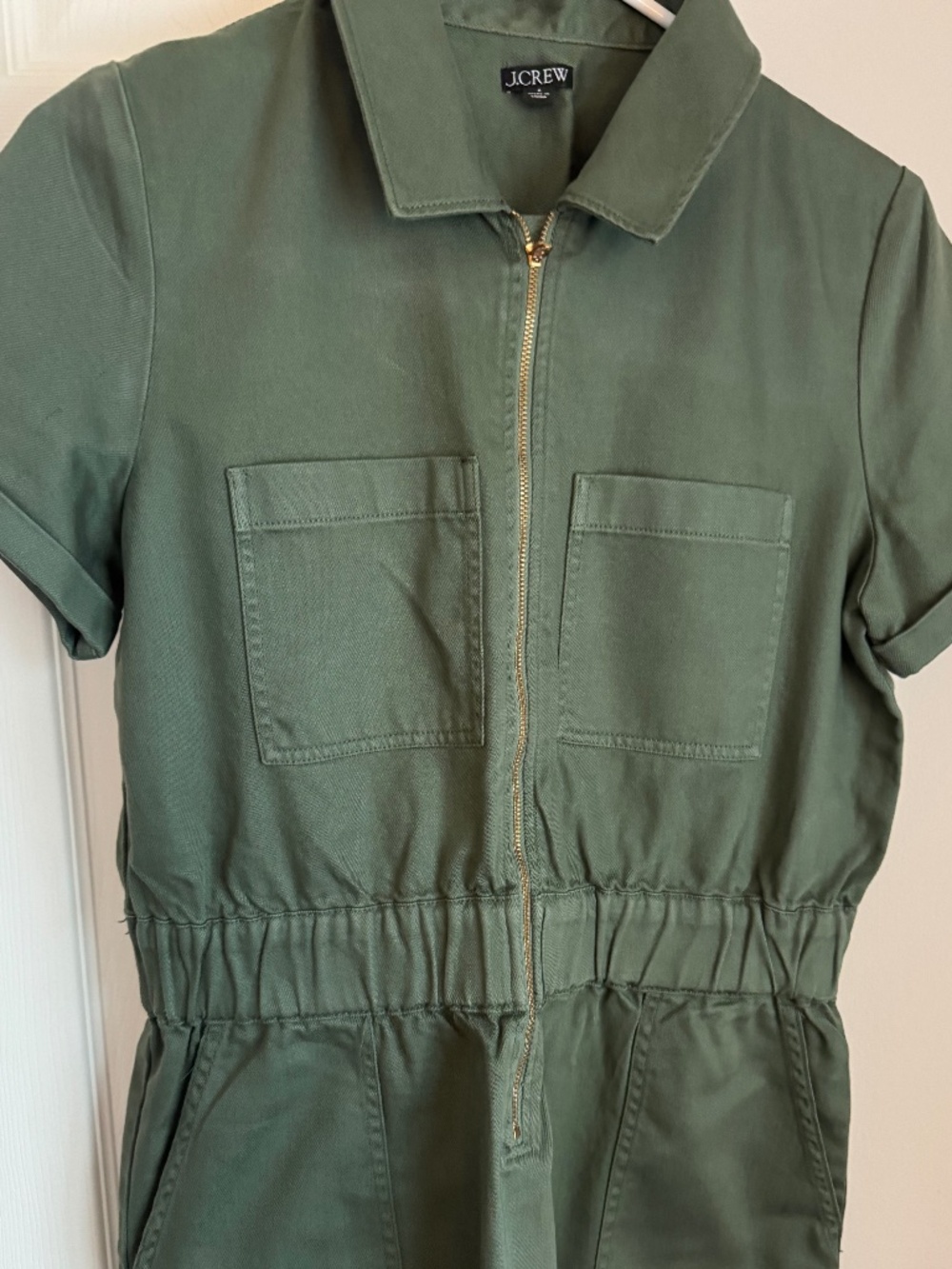 JCREW, ZIP FRONT, PATCH POCKETS, COTTON UTILITY DRESS IN OLIVE GREEN